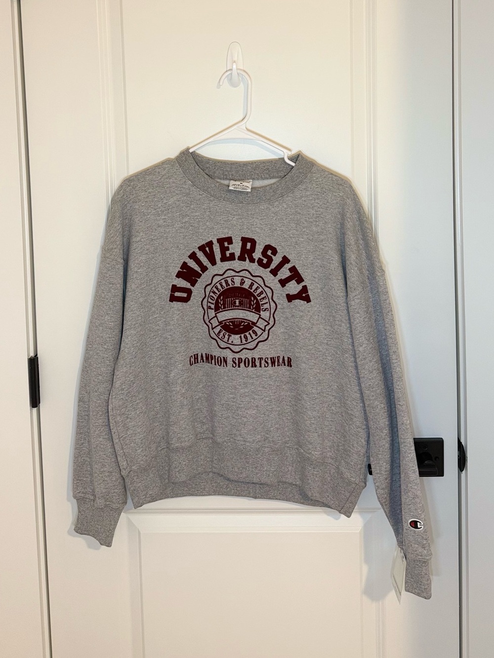 Champion Gray Crewneck Sweatshirt with Maroon University Graphic